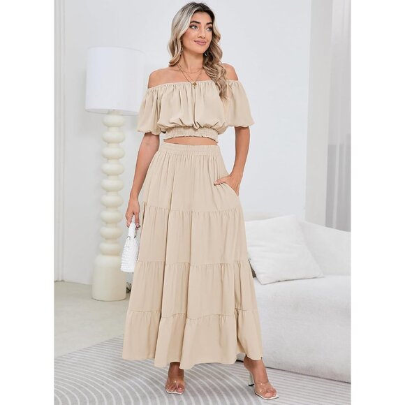 Summer 2 Piece Boho Outfit Women Short Sleeve Off Shoulder Crop Top Max Skirt - Picture 7 of 7